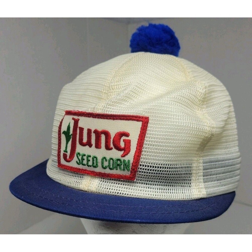 Vintage Jung Seed Corn SnapBack K-Brand Mesh Hat Cap Short Bill Pom RARE Farmer